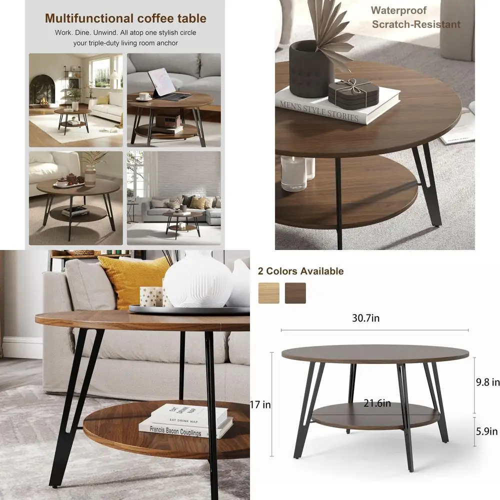 

Walnut Finish Round Coffee Table with Storage for Small Spaces, Suitable for Living Room and Home Office
