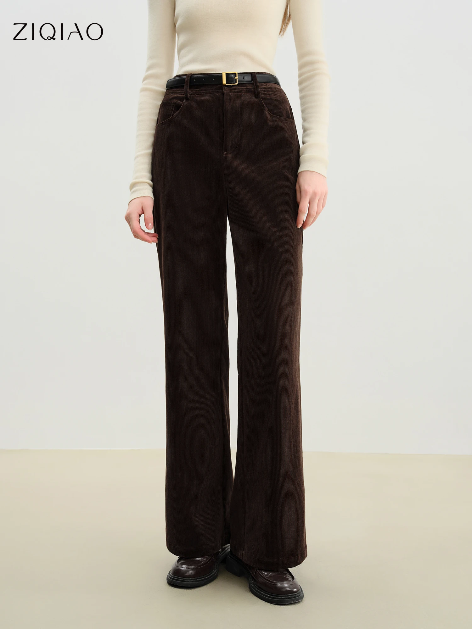 ZIQIAO Retro Hong Kong Style Corduroy Flared Pants Women 2025 Autumn and Winter New Brown Casual Flared Pants
