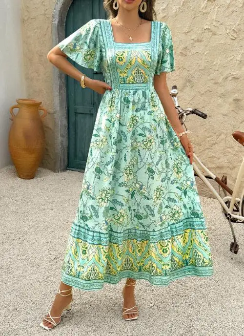 Gonna a trapezio con stampa floreale casual per le vacanze per le donne estive, elegante abito a trapezio con maniche svasate a vita alta e vestibilità slim con collo quadrato