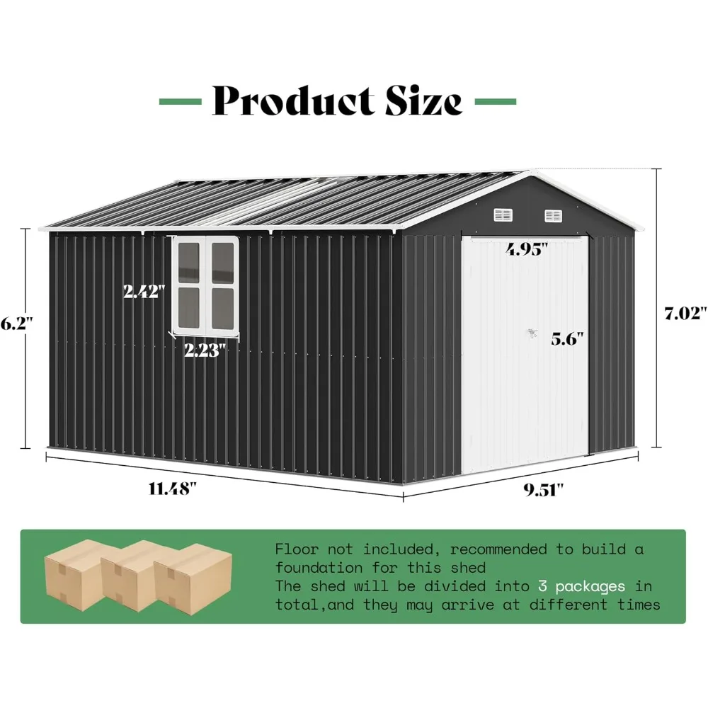 10x12x7 FT Galvanized Steel Storage Shed with 2 4-Pane Windows Hinged Double Doors, Outdoor Shed for Backyard, Garden, Patio