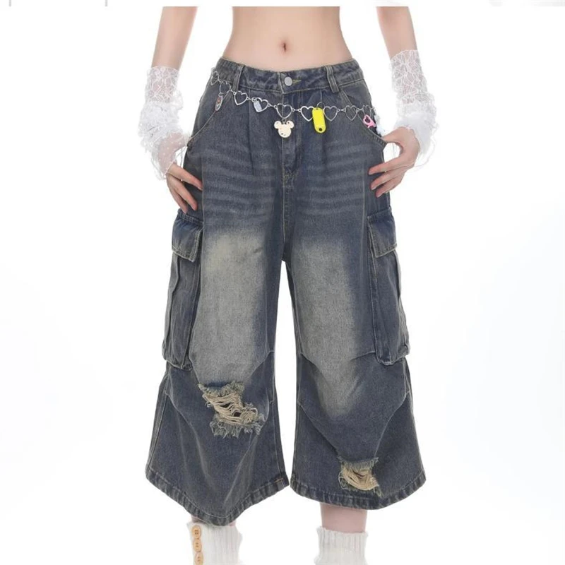Summer Women's Loose Wide Leg Distressed Denim Shorts Cool Girls Calf-length Trousers High Waist Pants Female Cargo Streetwear