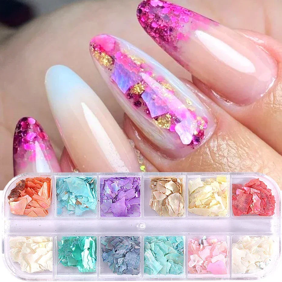 

12 ячеек, морская раковина, искусственная раковина, блестящие голографические нестандартные ломтики радужного цвета, Гель-лак русалки, аксессуары