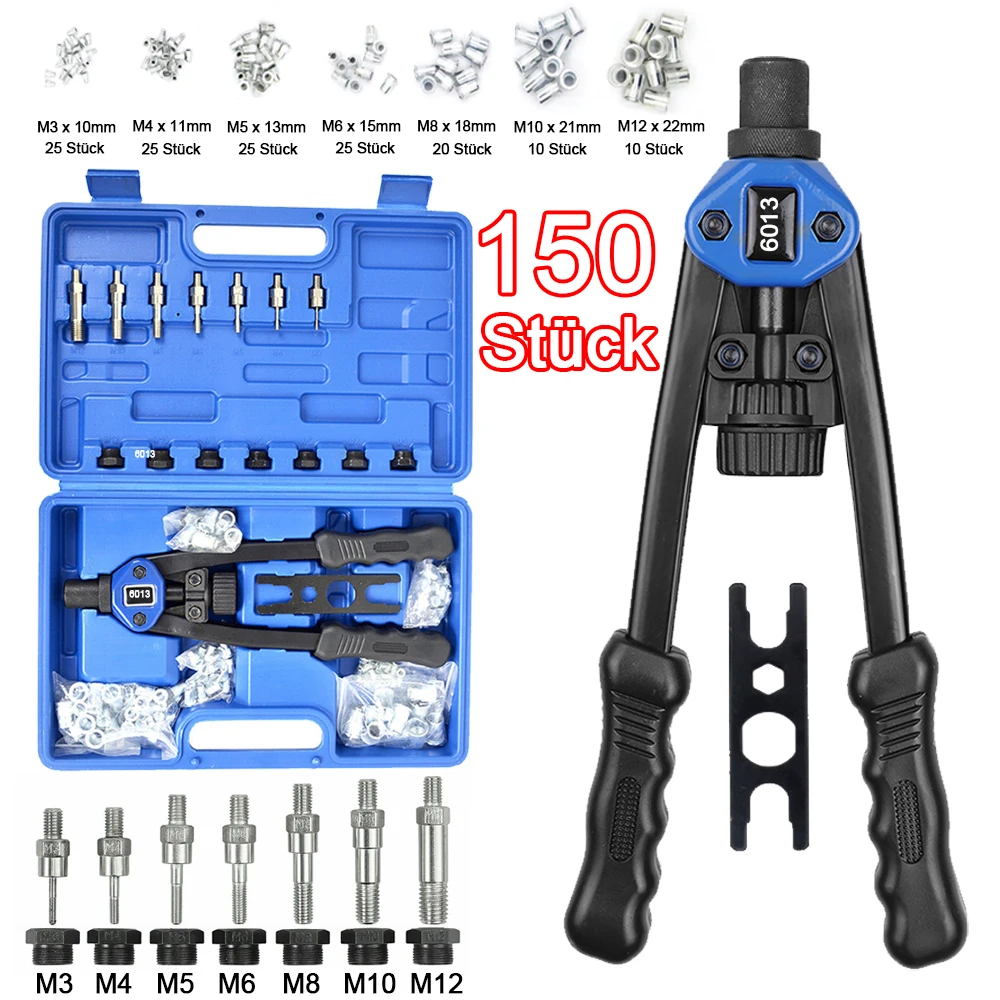 150-teiliges Nietmutternzangen-Set, professionelles Handnietmuttern-Gewindenietwerkzeug-Set, Gewindenietmuttern M3 M4 M5 M6 M8 M10 M12