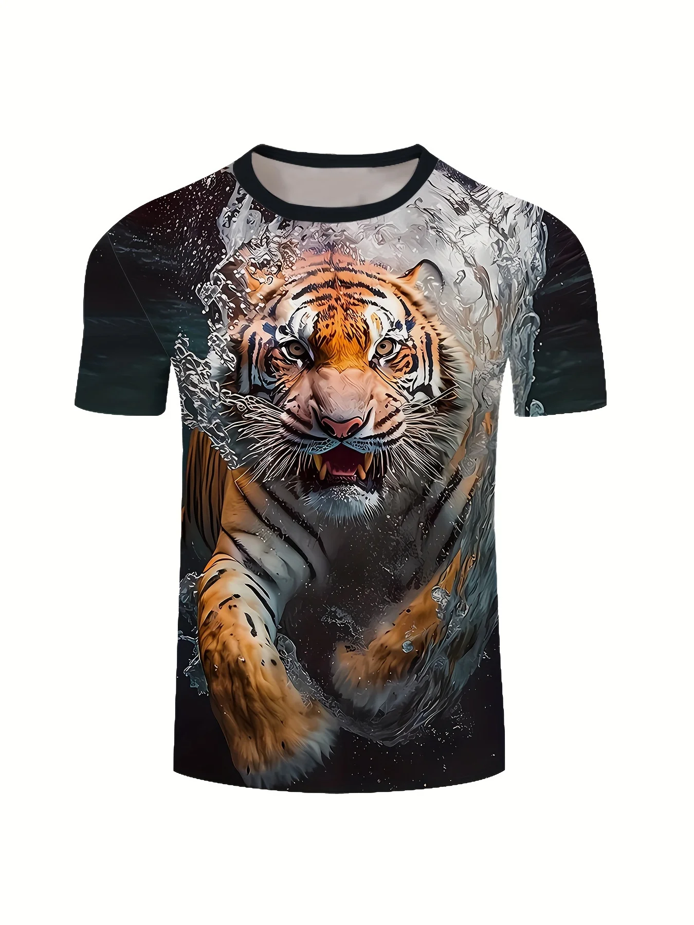 3D Digital Cool Tiger In The Water Pattern Crew Neck Short Sleeve T-shirt Men\'s Summer Fashion Tee Novel Cool Tops For Street