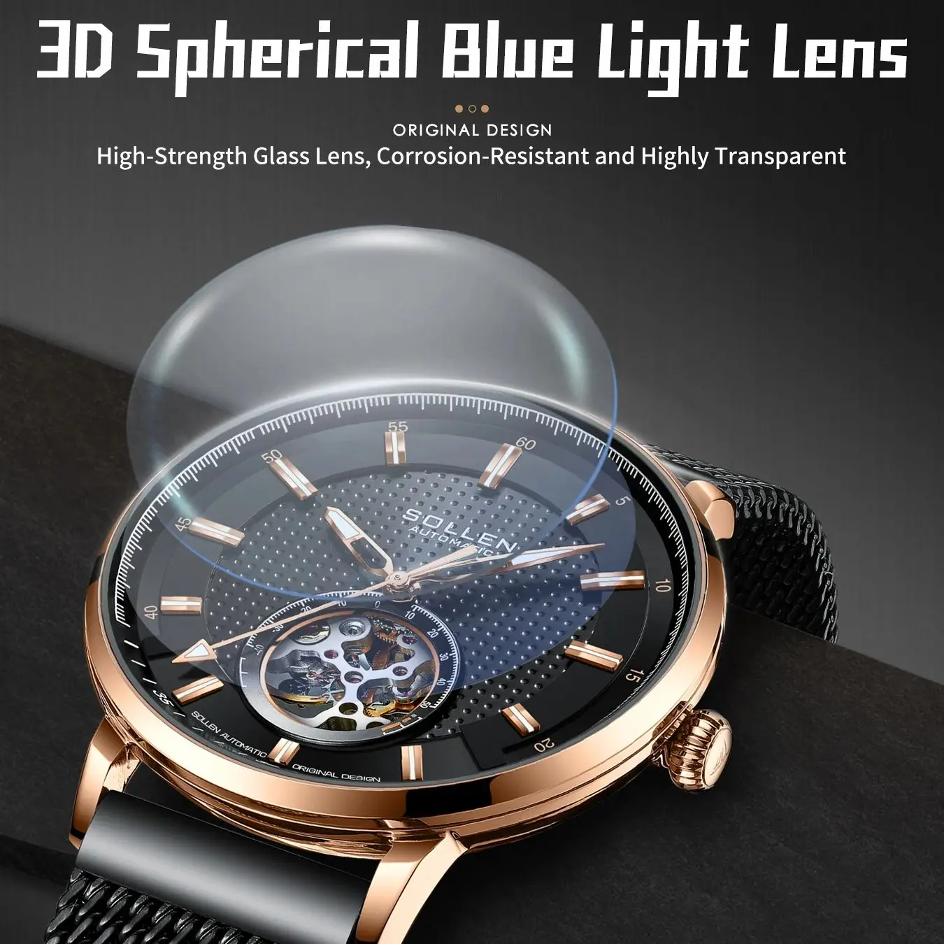 ساعة SOLLEN للرجال ميكانيكية أوتوماتيكية بالكامل مقاومة للماء وإضاءة ليلية على الطراز السويسري ساعة ريفية للطلاب هدية لصديقك