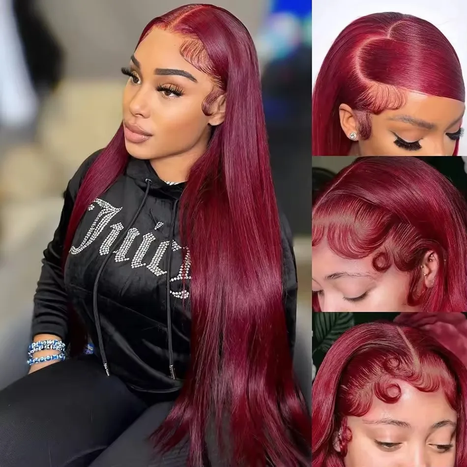 38 Inch 99j Burgundy Lace Front Human Hair Wig 13x6 Bone Straight Hd Lace Frontal Wig 180 Density Colored Pre Plucked Lace Wig image 3
