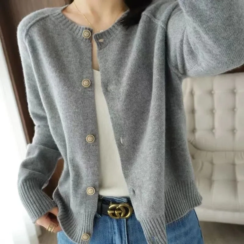 Long Sleeve 100% Merino Wool Sweaters Cashmere Cardigan Spring Autumn Women O-Neck Knitwear Tops Clothing Fashion Basic Tops