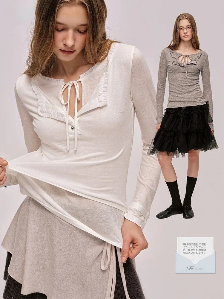 

Moonmoi Casual Sle Long Sve T-irt Modal Mixed Splicing Wave Lace Design Illusory Two-Piece Ladies Faion Spring Wear