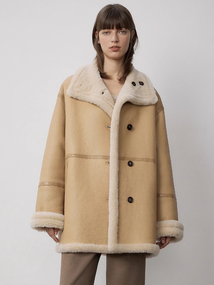 

High-end Luxury Merino Sheep Fur Winter Jackets for Women Simple Vintage Double-sided Design Warm Genuine Leather Real Fur Coat