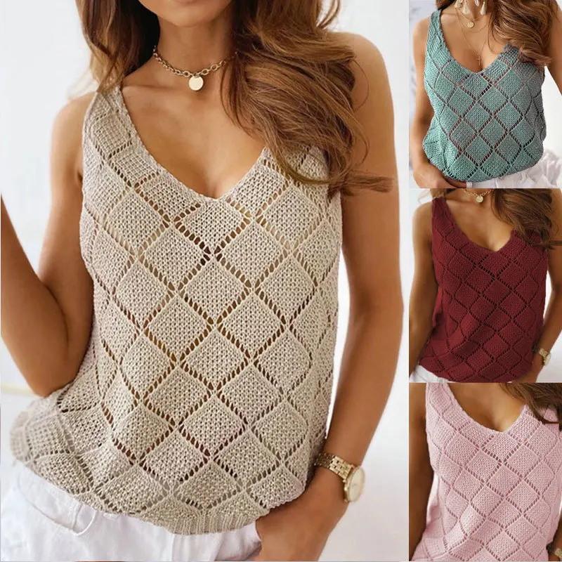 spring summer fashionable diamond V-neck vest hollow out halter knitwear women vest