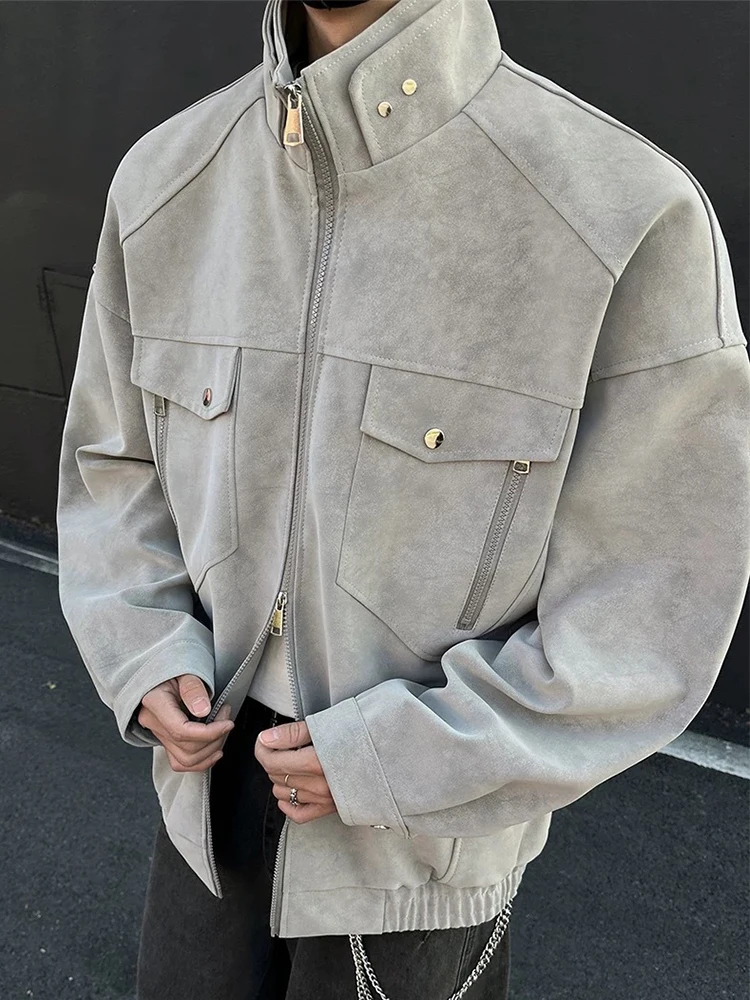 Vintage Men's Stand Collar Zip-up Jacket Coat Fall Winter New Casual Multi Pockets Cargo Jackets For Men Fashion Cardigan Tops