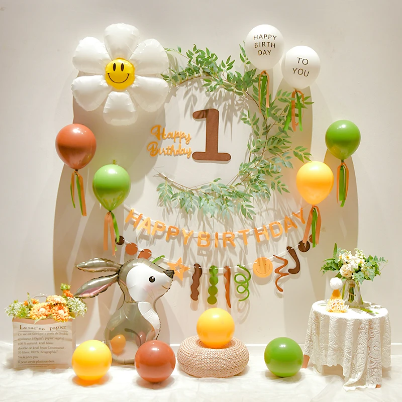 ins First Birthday Party Balloon Kit Baby Shower Forest Theme Background Decoration Non Woven Banner Set