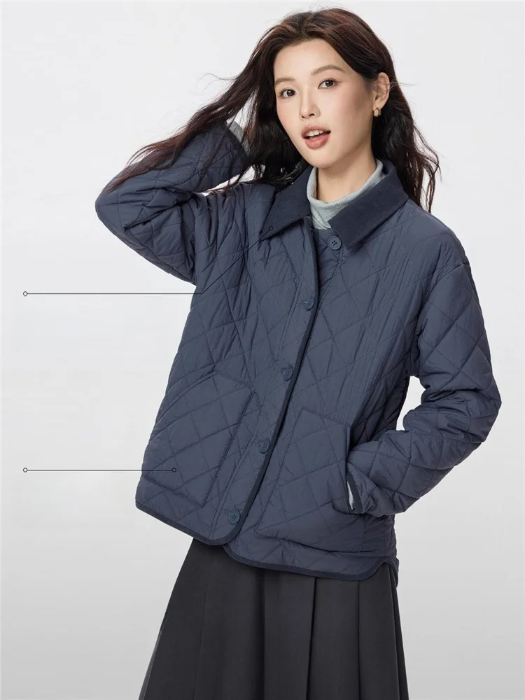 

Giordano Women's Cotton Jaet Autumn Winter New Sle Quilted Diamond Pattern Corduroy Collar Jaet Thiened Long Sve
