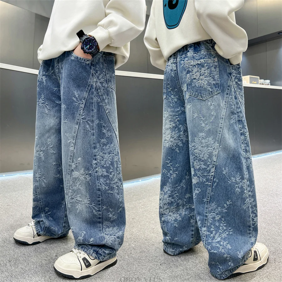 Fashion Children Jacquard Pattern Denim Pants Straight Fit Bottoms Distressed Wide Jeans For Boys Street Style Floral Trousers