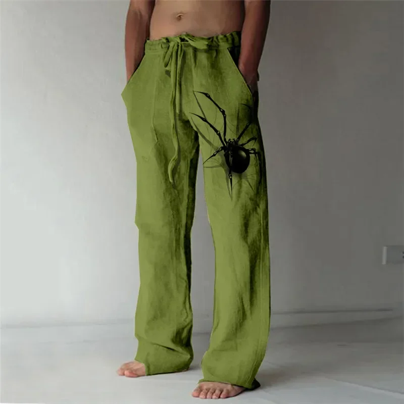 Men\'s Wide Leg Pants Solid Color 3D Printing Loose Beach Pants Holiday Casual Loose Linen Trousers Summer Fashion