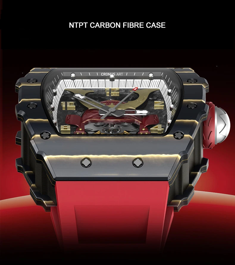 CRONUSART Men Automatic Watch Luxury Mechanical Wristwatch Carbon Fibre Tonneau Case Luminous Fluororubber Strap Bushido Dial