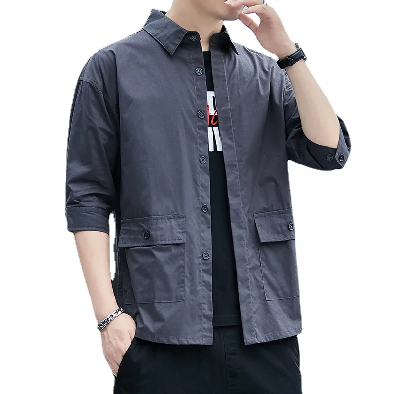 2023 Men Shirts Summer Three Quarter Sleeve Cargo Work Safari style Retro Pocket Outwear Loose Lace-up Breathable Shirt Male