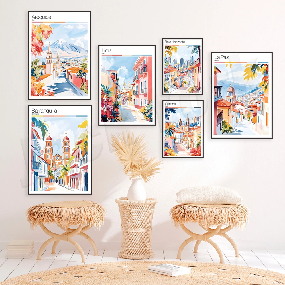 ملصقات السفر لـ Medellin، Manaus البرازيل، Curitiba، Bucaramanga، Belo Horizonte، Cochabamba، Bolivia، Caracas، Arequipa Peru