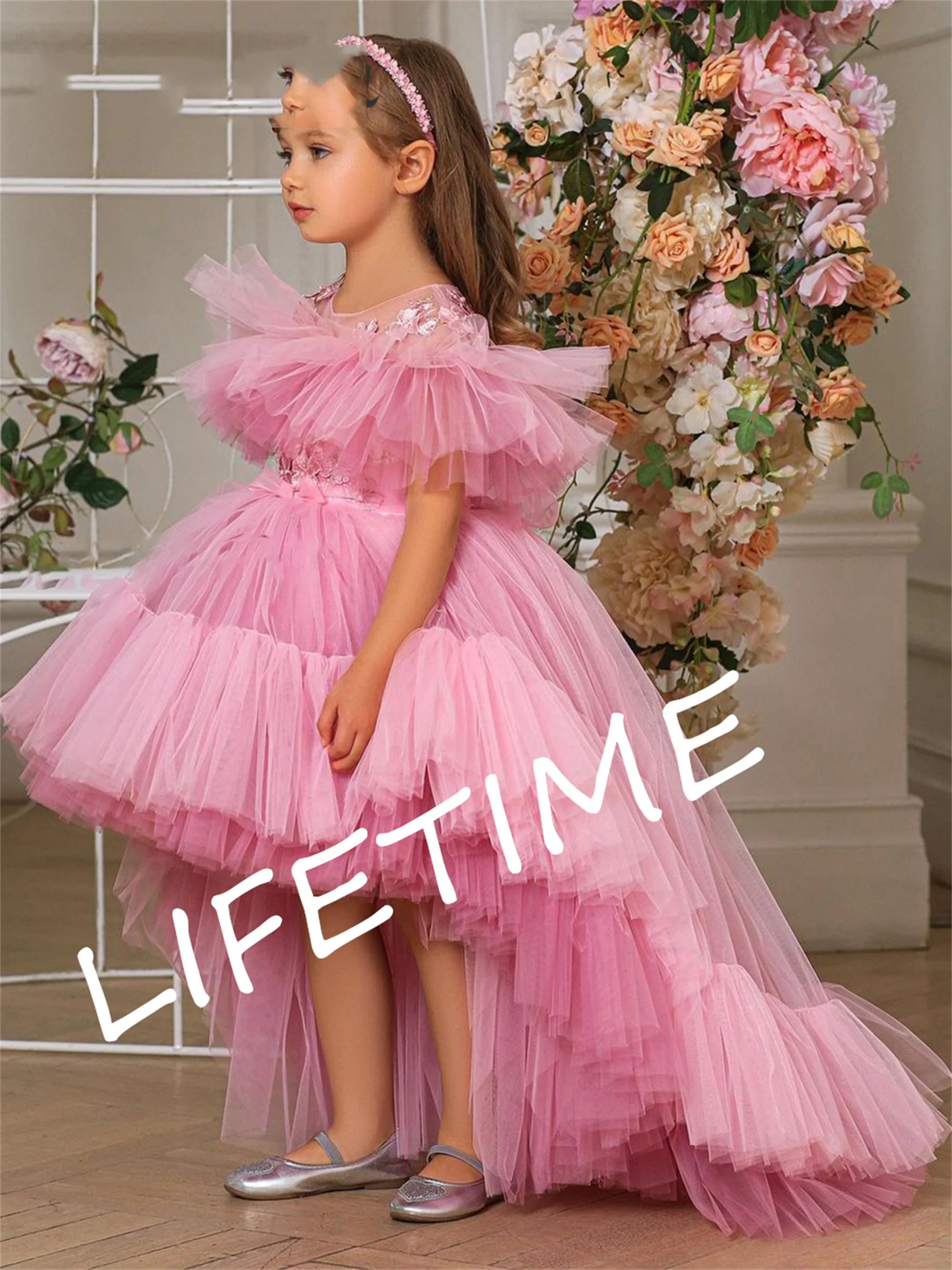 Pink Flower Girl Dresses Tulle Puffy High-Low Style Princess Dress Cute Baby Girl Party Dress First Communion