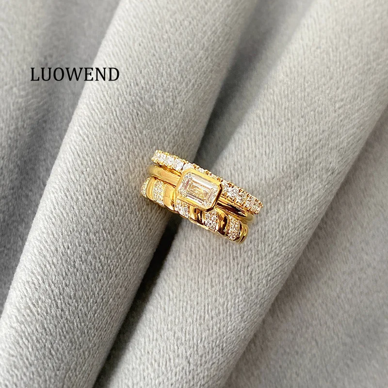 LUOWEND 100% 18K Yellow Gold Rings Luxury Palace Style Real Natural Diamond Engagement Ring for Women Senior Banquet