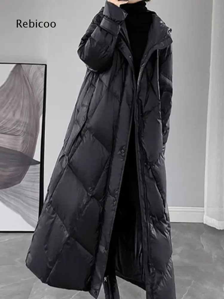 Elegant Women Maxi Hooded Puffer Overcoat Loose Oversized Design Side Pockets Warm Outerwear For Daily Street Look
