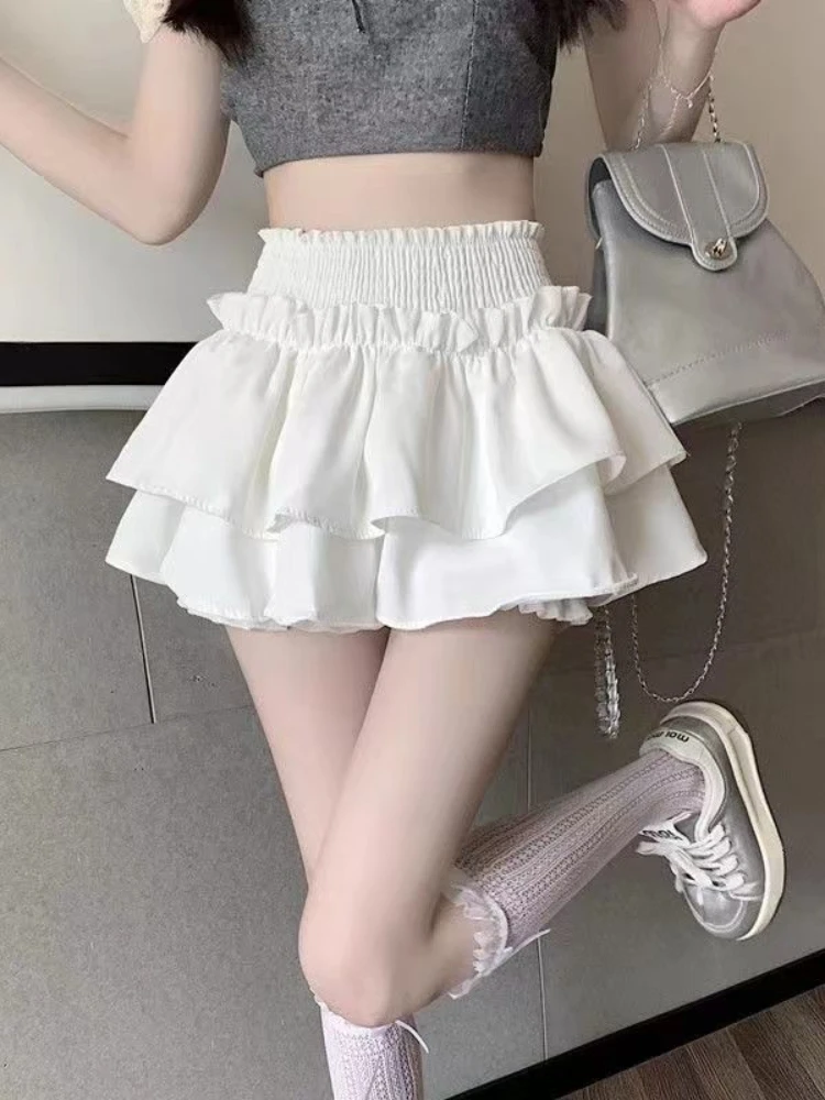 Summer New Solid Color Half-body Skirt High Waist Thin Fluffy Skirt Korean Fashion A Line Mini Skirts Streetwear Woman Clothing