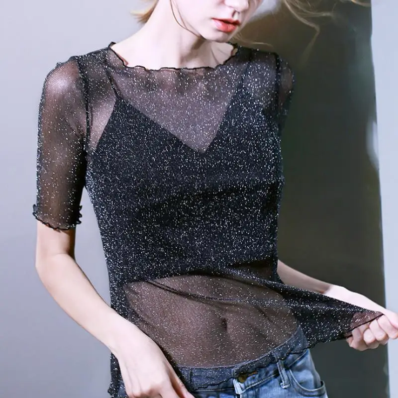 

New Women's Transparent Mesh Base Shirt Sleeveless Thin Veil See-through Tight Lace Short Sleeve Top Original Design rou...