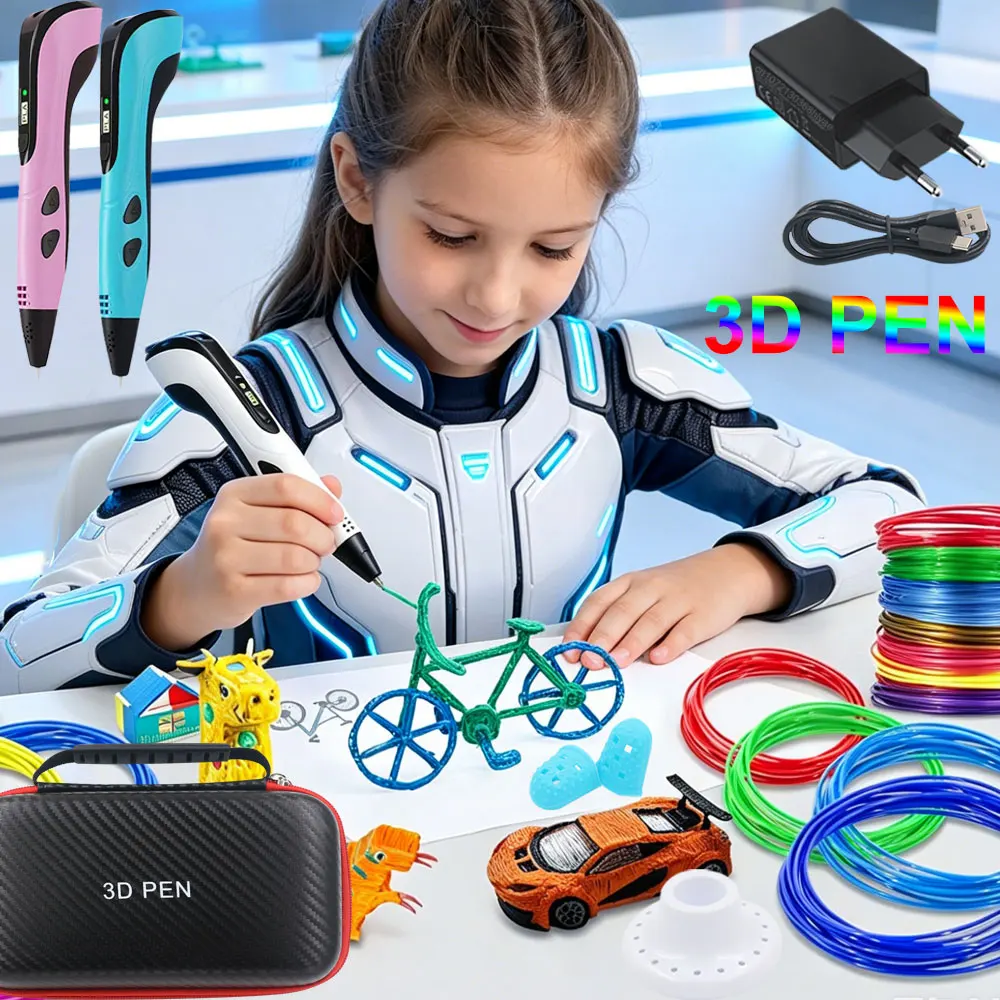 

New Christmas Creative Toy Children's 3D Printing Pen With LCD Screen Power Adapter PLA Filament Suitcase Kids Birthday DIY Gift