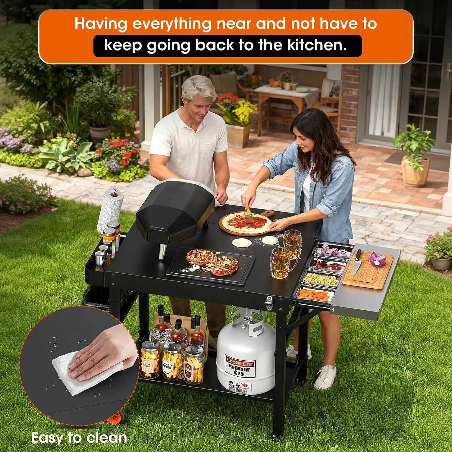 Pizza Oven Table for Ooni Pizza Ovens, Grill Cart Table with Topping Station, Pizzas Stands with Wheels, Expansive Countertop