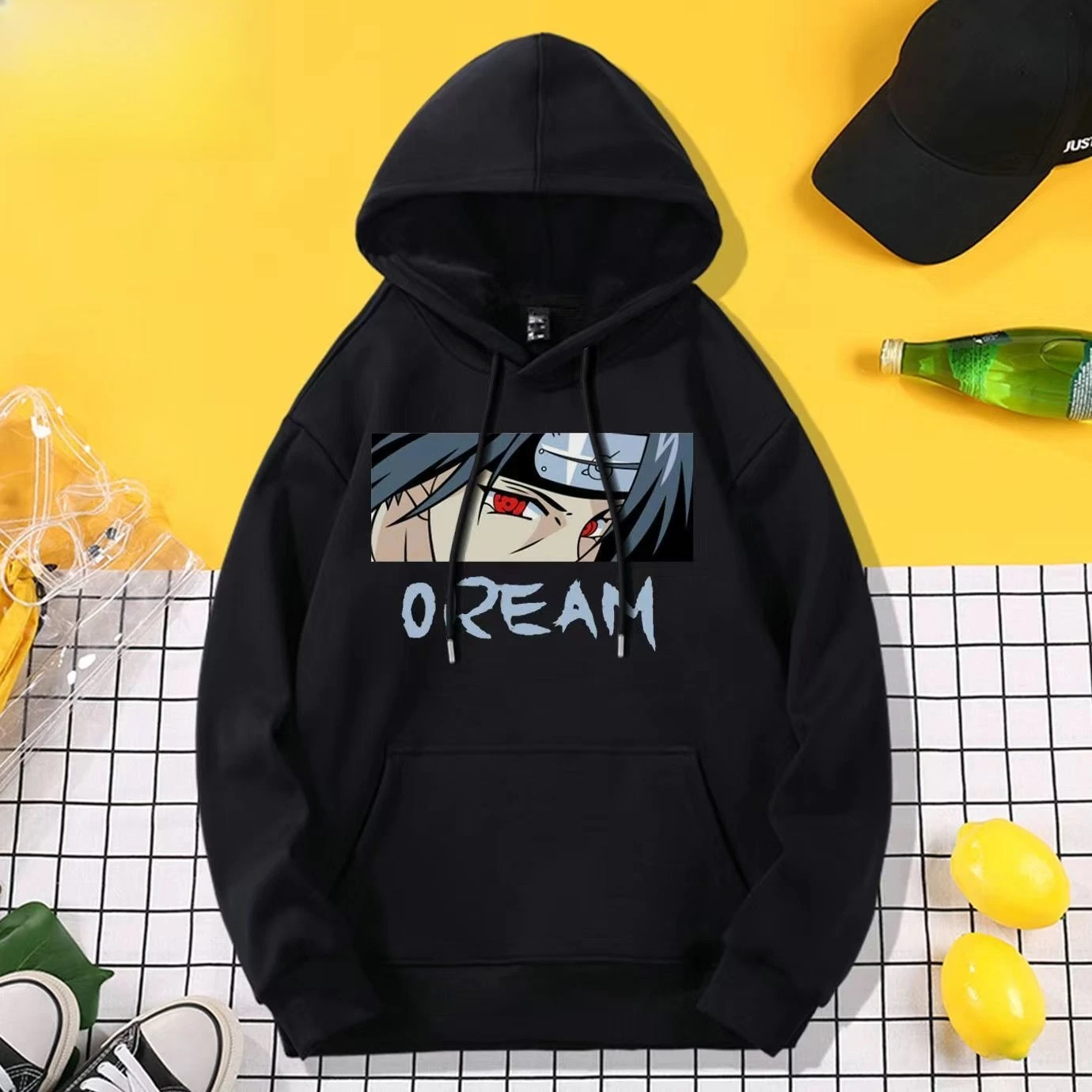 

Naruto Anime Hoodie Itachi Uchiha with Sharingan Eyes Dream Text Oversized Streetwear Kangaroo Pocket​​