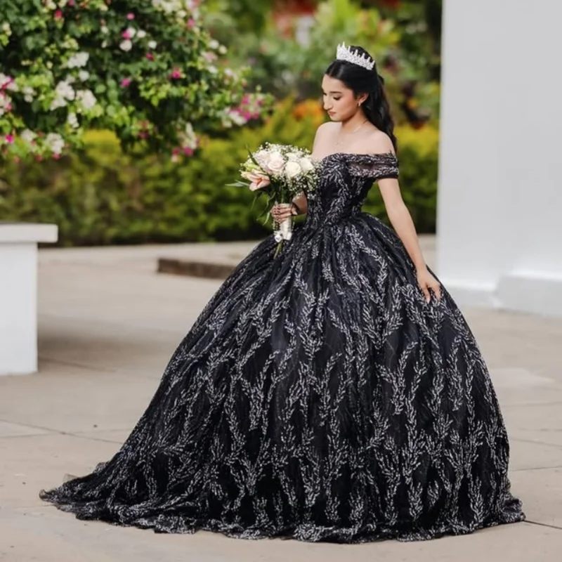 

Customized Shiny Black Quinceanera Dresses Off the Shoulder Sequin decal Lace Long tail Vestido De 15 Quinceanera