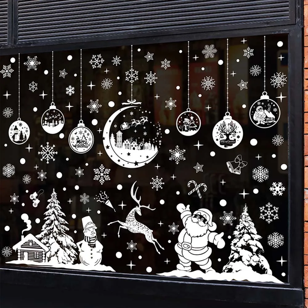 

White Christmas Window Stickers Removable PVC Static Sticker Snowflake Glass Window Film Santa Claus Large Xmas Decals Glass