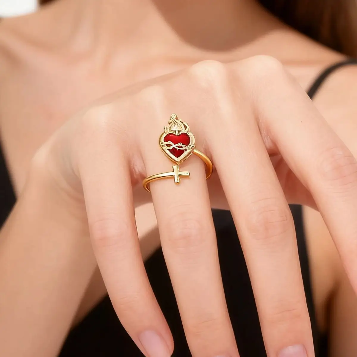 MHS.SUN Fashion Sacred Heart Rings Flame Cross Thorn Design Adjustable Finger Rings For Women Jewelry Catholic Believer Gifts