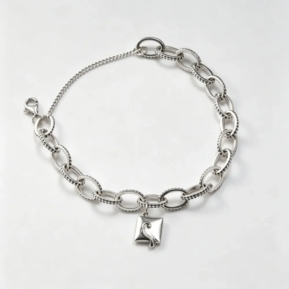 2027 S925 Sterling Silver Interlocking Patterned Oval Link Bracelet Retro Relief Square Tag Charm, Secure Lobster Buckle & Adjustable Extension Chain, Oxidized Antique Silver Craft, Trendy Minimalist Wrist Ornament, Perfect Present for Jewelry Enthusiasts