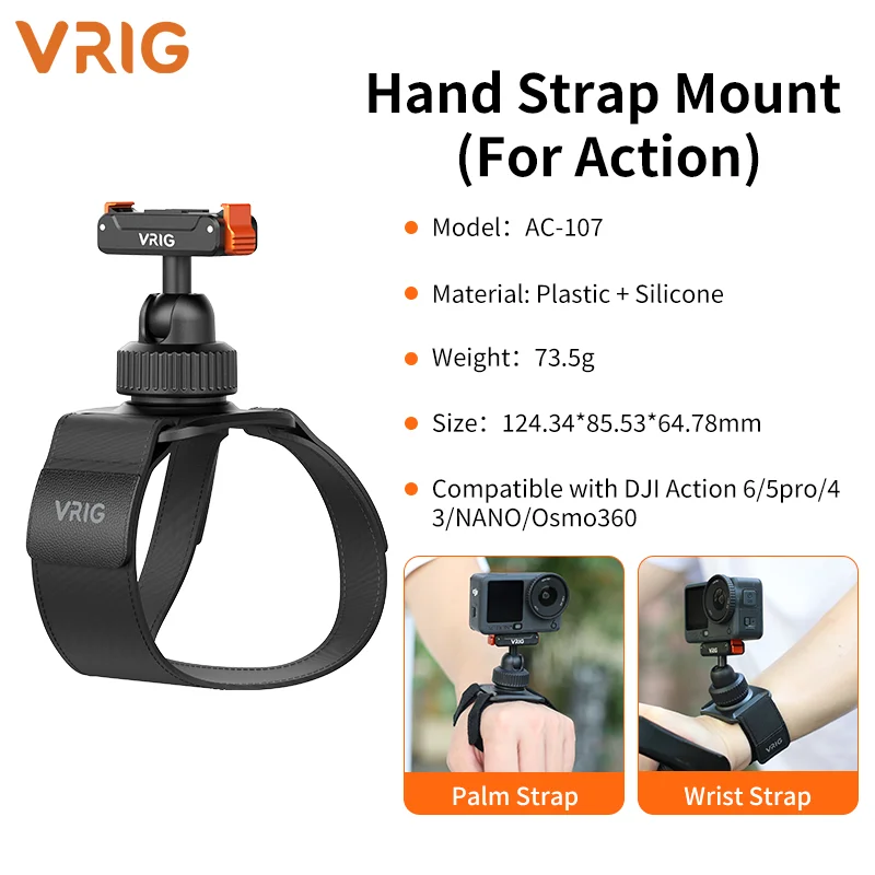 VRIG handpalmriem met magnetische bevestiging, snelkoppeling, 360 graden draaibaar, verstelbaar, voor DJI Action 6, 5 Pro, 4, 3, NANO en Osmo 360.