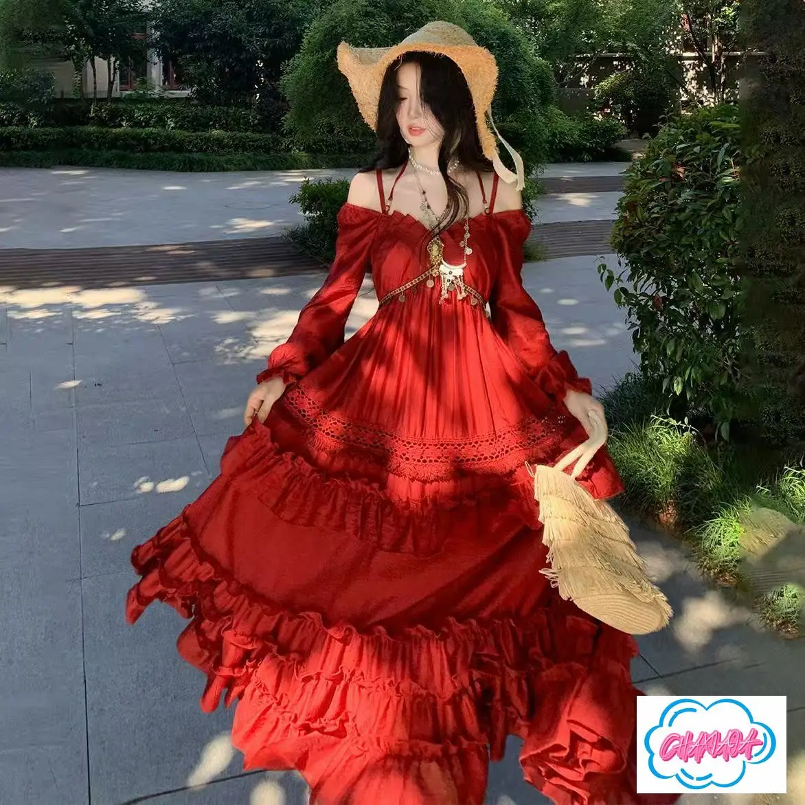 

Французское ретро-допаминовое платье в отпускном стиле с одним словом на плечах и v-образным вырезом с длинными рукавами, осеннее сексуальное длинное платье для женщин с белым тортом