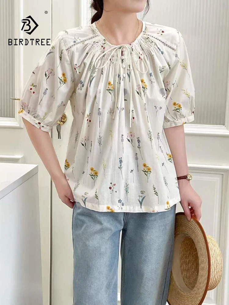 

New 2025 Summer Cotton Short Sleeve Shirt, Women Stand Floral Print Lace-up, Mori Girl French Retro Sweet Loose Blouse T54049CC