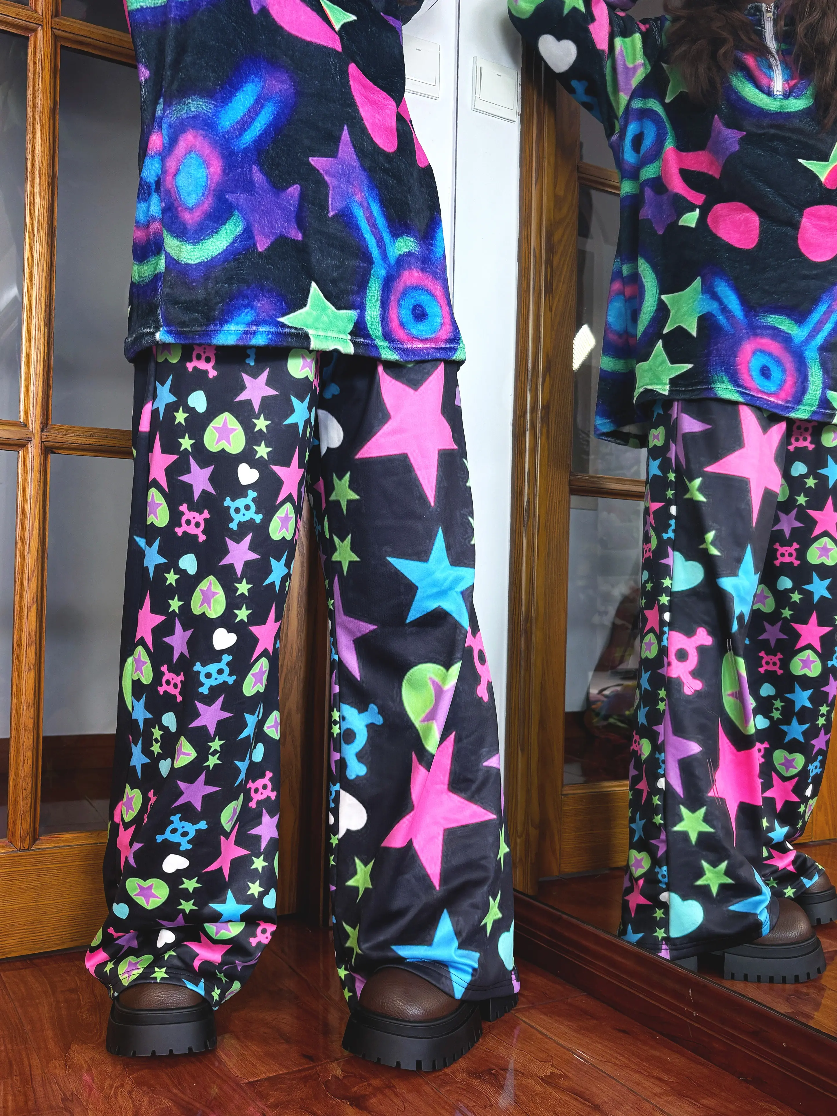 Fluorescent Colorful Star Skull Sweet-cool 3D Print Harajuku-style Subculture Long Pants, Everyday / Street / Hot Girl Style