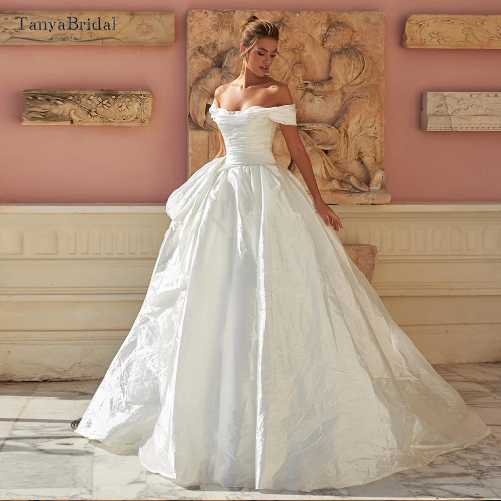 

Off The Shoulder A Line Wedding Dresses ,Puffy Skirts Taffeta Bridal Gowns Floor Length With small Train DW1073