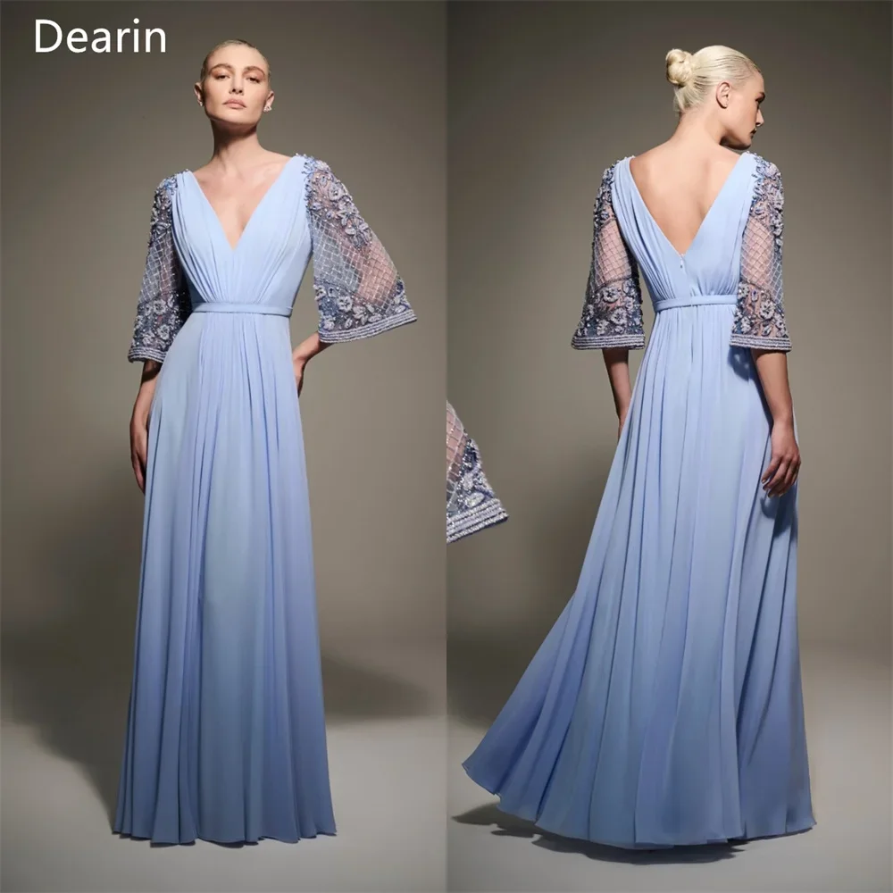 Customized Saudi Arabia Dearin V-neck A-line Floor Length Skirts Draped Layered Tulle Print Bespoke Occasion Dresses Evening Gow