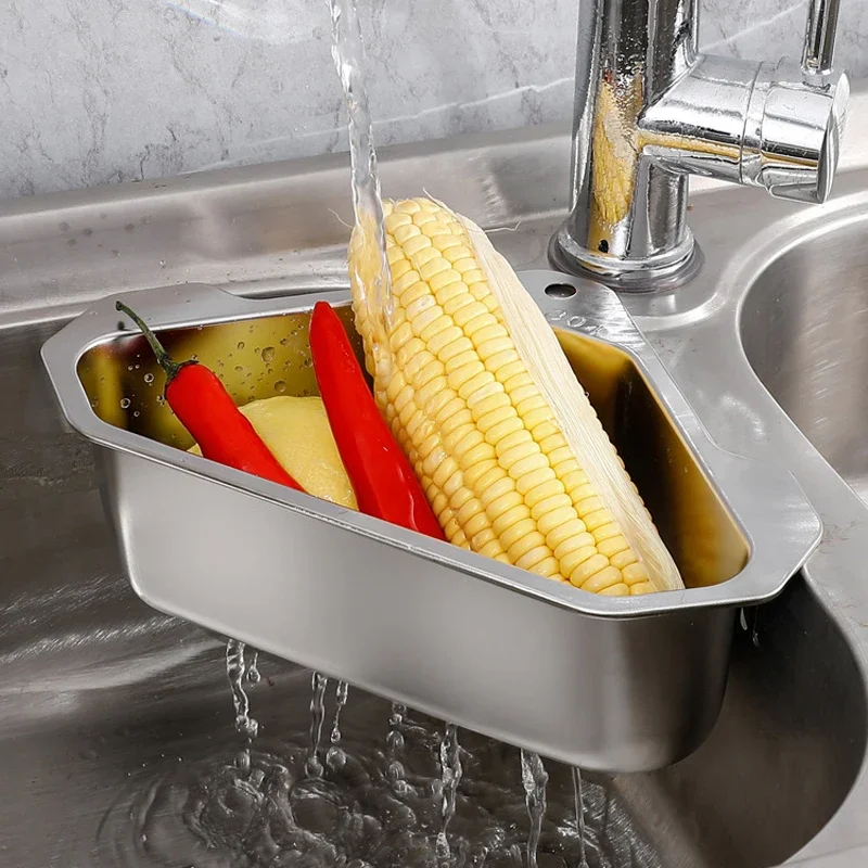 

Stainless Steel Kitchen Sink Filter Triangle Drain Basket Shelf Fruit Vegetable Drainer Storage Rack Basket Bar with Suction Cup