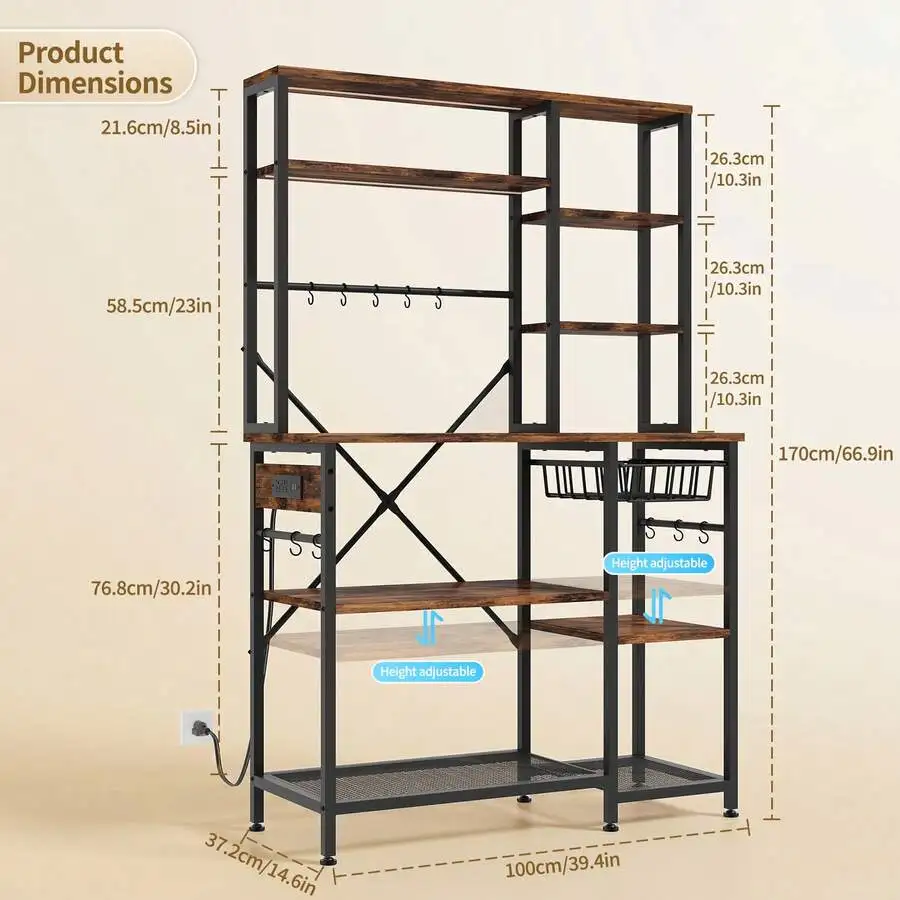 Tomnk Kitchen Bakers Rack With Power Outlet, Microwave Oven Stand With Storage 4/6 Tiers, Coffee Bar Table With Tissue Holder, Kitchen Storage Shelf Rack For Kitchen, Entryway, Living Room, Rustic Brown/Black