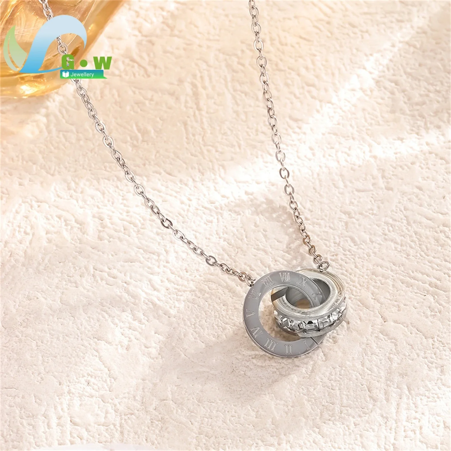 Double Rings Necklace and Matching Earrings Set Titanium Steel Roman Numerals Charm Jewelry Hypoallergenic Nickel Free Elegant