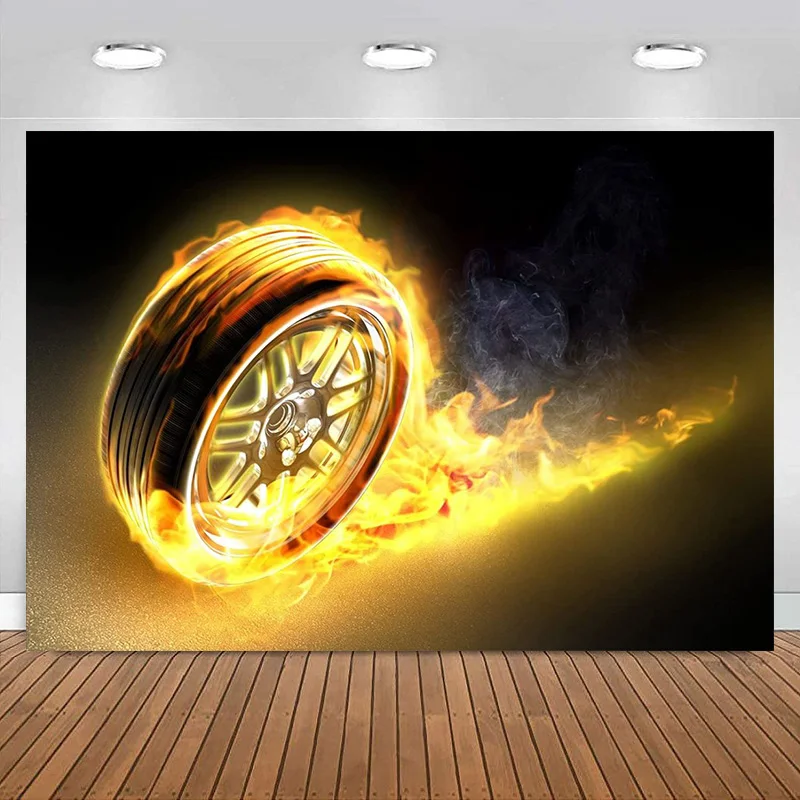 Racing Car Backdrop Photography Cars Wheel Fire Flames Background Motorsport Kids Boys Happy Birthday Party Decoration Banner