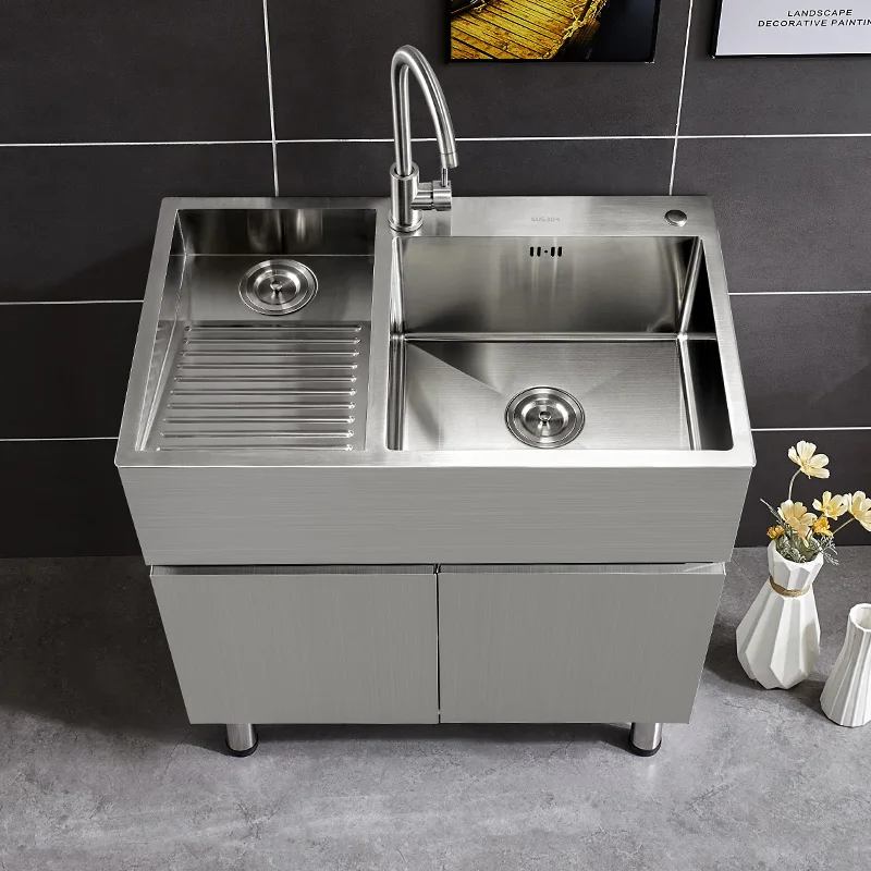 

Balcony Laundry Cabinet 304 Stainless Steel Laundry Pool Sink Cabinet with Rub Floor Washbasin Solid Wood Bathroom Cabinet