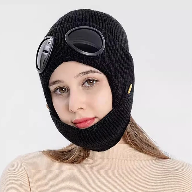Unisex Knitted Goggles Beanie 3 in 1 Winter Warm Outdoor Sports Fashion Aviator Hat with Face Mask and Ear Cover