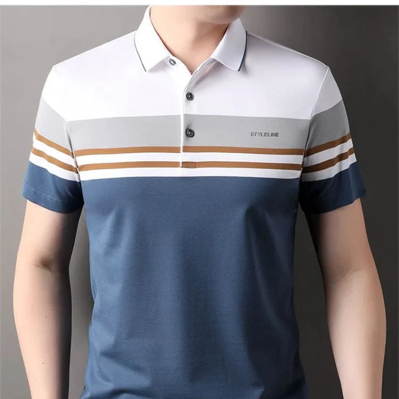 Trend Fashion Summer Polo Shirts Thin Men\'s Turn-down Collar Striped Button Contrast Color Smart Casual Loose Short Sleeve Tops
