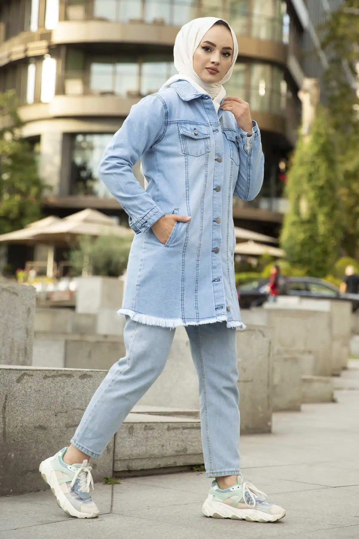 Button Hijab Denim Jacket Light Blue