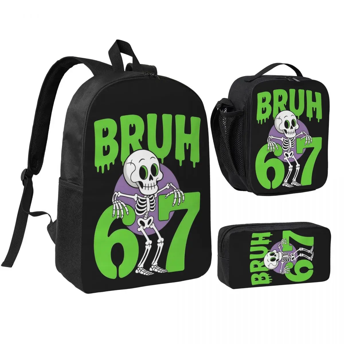 Bruh 67 Six Seven 3pecs/set Backpack for Student 6-7 Brainrot Meme Laptop Computer Canvas Bags Lunch bag Pencil Case