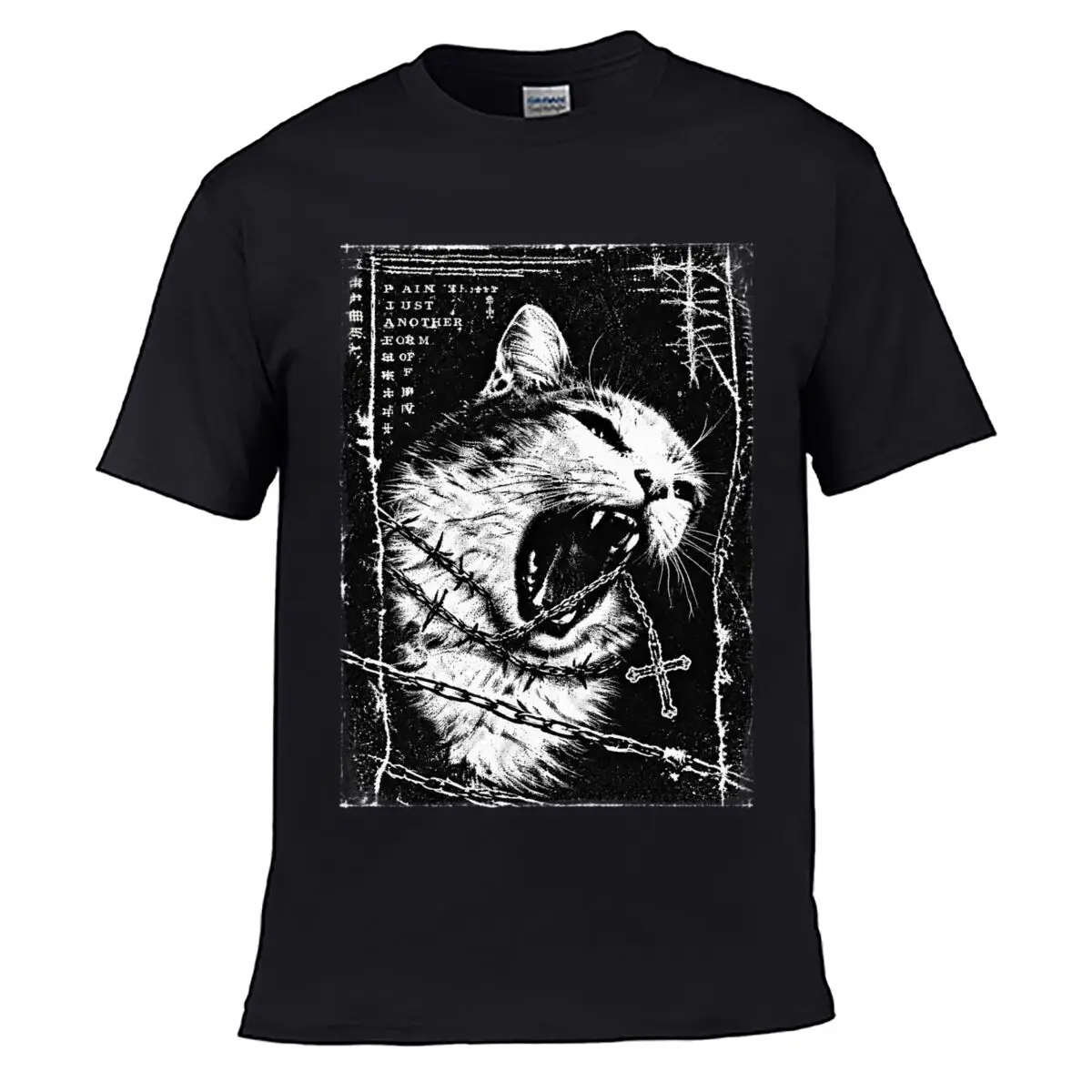 Pain Really Just Another Form Of Gothic Snarling Cat Barbed Wire Cross short-sleeved T-shirt